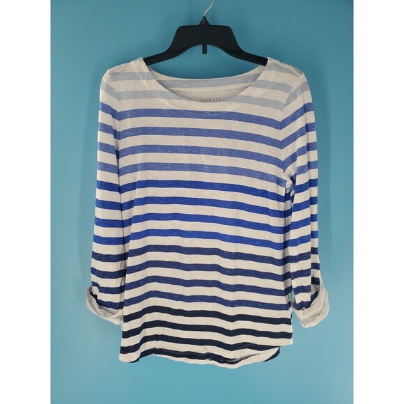 Talbots Lightweight Top Sz M Striped Roll Tab Sleeve Relaxed Fit Nautical Beach - Picture 5 of 10